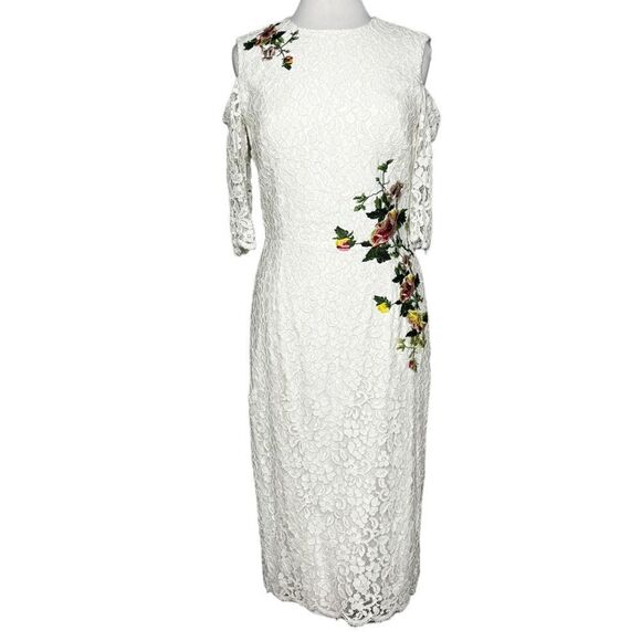 LITTLE Mistress London Floral Appliqué & Lace Cold Shoulder Midi Sheath Dress - Picture 4 of 10